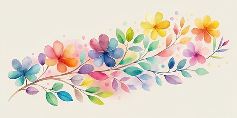 Obraz premium Vibrant Watercolor Floral Branch with Colorful Flowers and Leaves on a Light Background