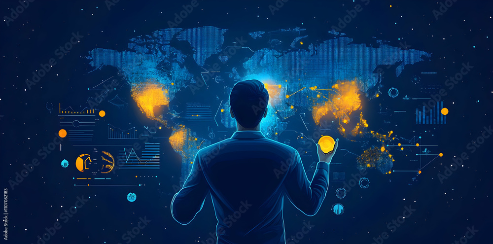 Poster A person analyzing global data with visualizations and a world map backdrop.
