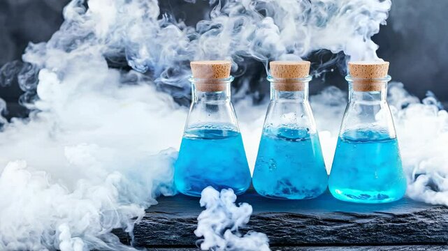 Three glass flasks filled with blue liquid, surrounded by vapor, create a captivating scientific atmosphere.