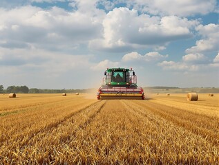 Obraz premium Round baler machine operating in a farm field, collecting and baling hay into neat, round bales