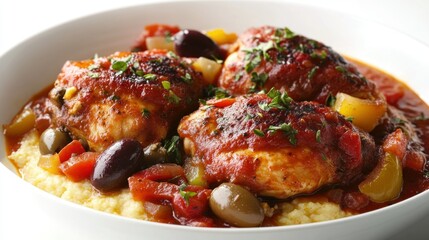 A hearty chicken cacciatore with chicken thighs braised in a rich tomato sauce with bell peppers, onions, garlic, and olives, served over polenta