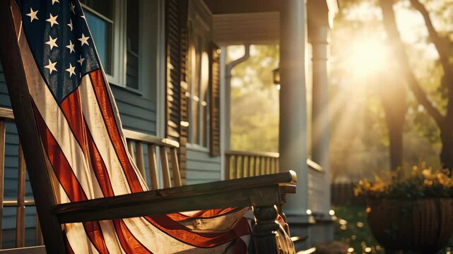 American flag draped over rocking chair on porch during sunset. Independence Day 4th of July concept