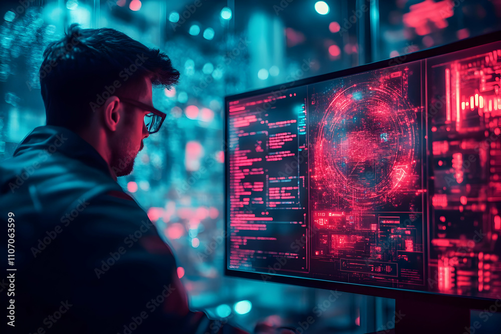 Poster A person analyzing data on a futuristic computer screen in a tech environment.