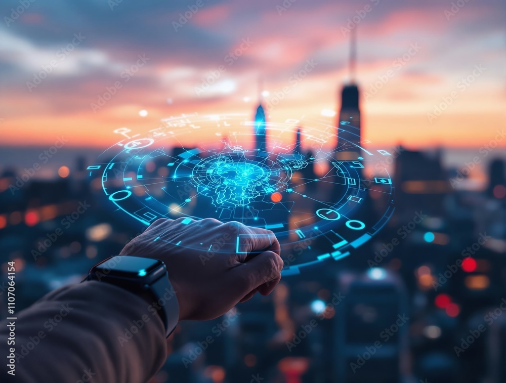 Poster futuristic holographic map projected from a smartwatch, with a blurred urban skyline at dusk in the 