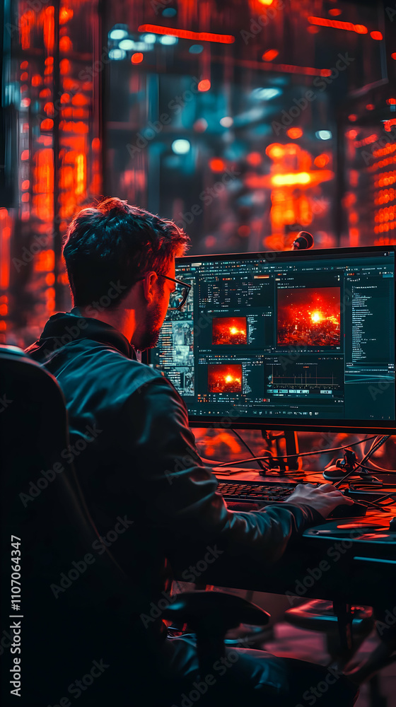 Poster A person working on a computer with vibrant, glowing screens in a dark environment.