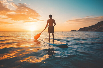 Fototapeta premium paddleboarder in the sea with beautiful sunset view