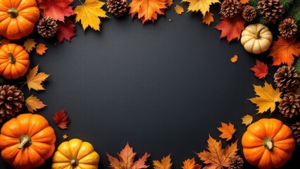 Rustic autumn composition with pumpkins, vibrant leaves, and scattered pine cones, set against a moody dark background