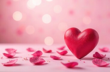 Fototapeta premium A lovely red heart placed amid pink rose petals on a soft pink table