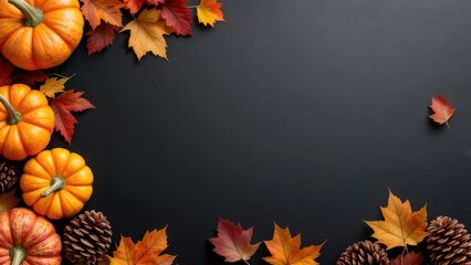 Rustic autumn composition with pumpkins, vibrant leaves, and scattered pine cones, set against a moody dark background