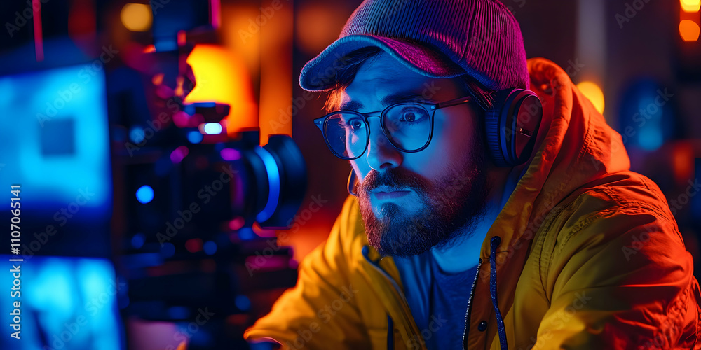 Poster a focused individual in headphones works with a camera in a colorful, illuminated setting.