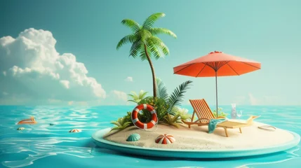 Selbstklebende Fototapeten Tranquil Tropical Island Getaway: Relaxing Beach Paradise with Palm Trees, Umbrella, and Loungers © dony