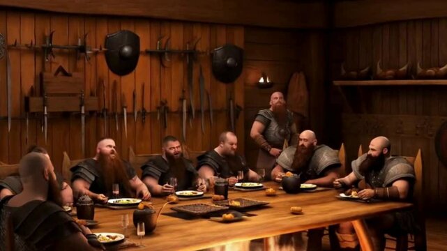 Viking Warriors Feasting in a Wooden Mead Hall