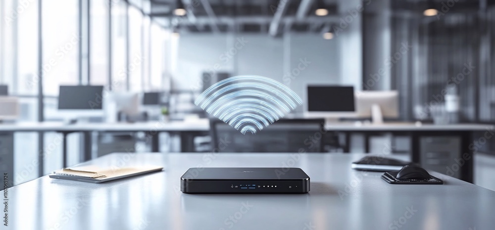 Poster a wireless router on a desk in a modern office environment.