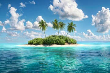 Serene Tropical Island Paradise: Azure Waters, Lush Vegetation, and Palm Trees Under a Sunny Sky