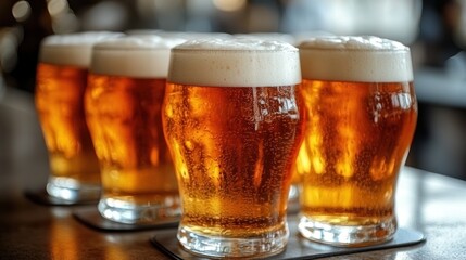 Frothy beer glasses on a bar.