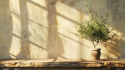 Summer scene with olive tree on table in sunlight with shadows on wall