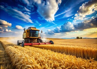 Obraz premium Panoramic View of a Combine Harvester Efficiently Harvesting Golden Wheat in a Summer Grain Field Under a Clear Blue Sky, Showcasing Agricultural Machinery in Action