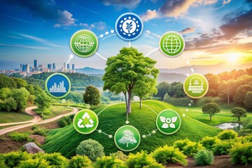 Panoramic View of a Company Implementing ESG Strategies for Nature Conservation, Showcasing Environmental, Social, and Governance Solutions with Illustrated Figure Icons