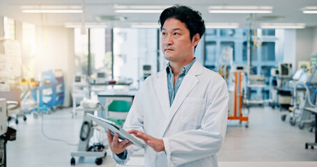 Doctor, planning and tablet with healthcare man in hospital for breakthrough, diagnosis or...