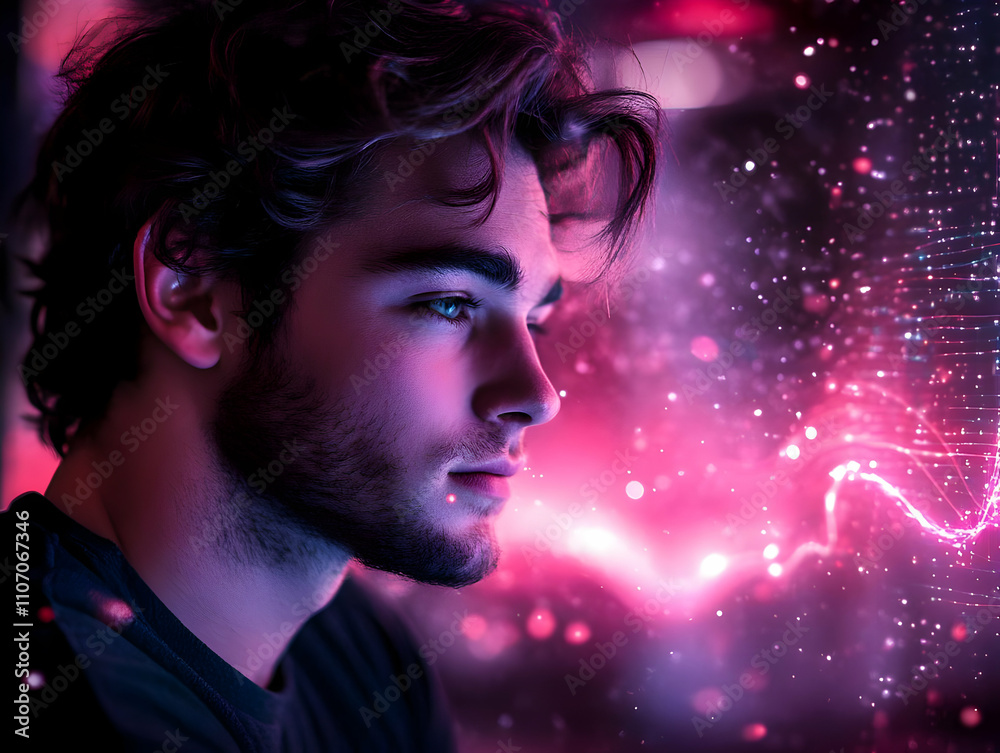 Poster a young man in a contemplative pose with a colorful, abstract digital background.