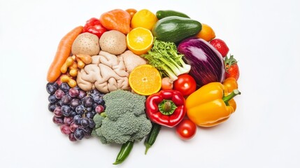 A detailed image of a human brain combined with vibrant fruits and vegetables, with a white background, Conceptual style