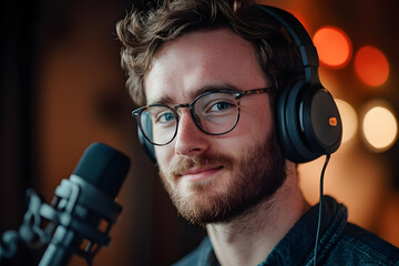 A young man with glasses and headphones is speaking into a microphone, likely recording audio.
