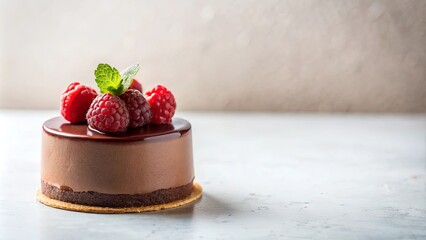 Delicious Chocolate Mousse Cake Topped with Fresh Raspberries and Mint