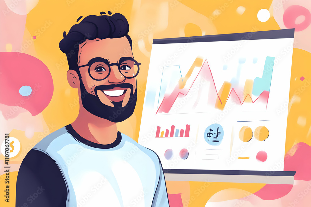 Poster A smiling man stands beside a colorful data presentation on a screen.