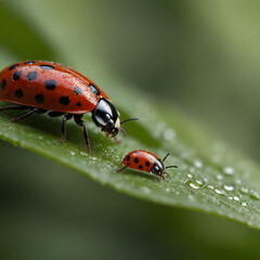 Fototapeta premium Tender Moments: Ladybugs on a Dew-Kissed Leaf