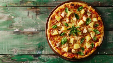Pizza with pineapple and chicken top view on green wooden table