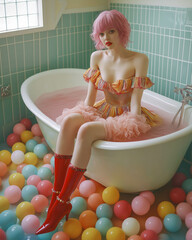 A fashion portrait of a young and confident woman in a modern dress sitting in a bathtub surrounded by many colorful balls, with cheerful colors in the style of famous fashion designers