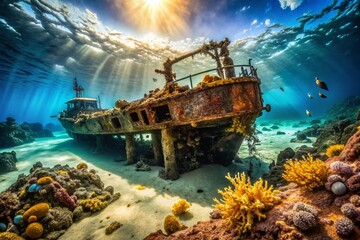 Panoramic View of an Underwater Shipwreck on the Seabed, Showcasing the Magnificent Metal Structure in the Ocean Floor Illuminated by Sunlight Filtering Through the Waves