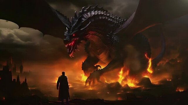 Video recreation of a furious dragon fighting against a knight	
