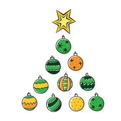 Vector triangle of Christmas tree balls, decorations. New year and Xmas illustration for greeting cards, invitations, calendars, prints. Outline, doodle, hand drawn
