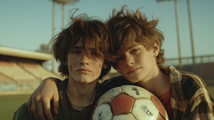 Two smiling boys with disheveled hair hugging each other and holding a soccer ball at school stadium in the background