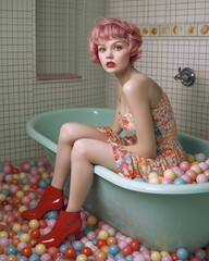 A fashion portrait of a young and confident woman in a modern dress sitting in a bathtub surrounded by many colorful balls, with cheerful colors in the style of famous fashion designers