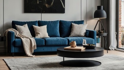 Scandinavian interior design of modern living room. Modern blue sofa with cushions and contemporary black round coffee table in a well-lit stylish living room. 4k Resolution