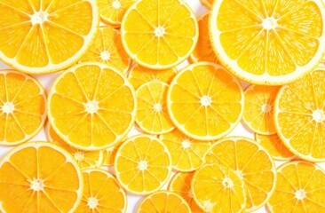 A beautiful arrangement of several sliced oranges placed on a white surface
