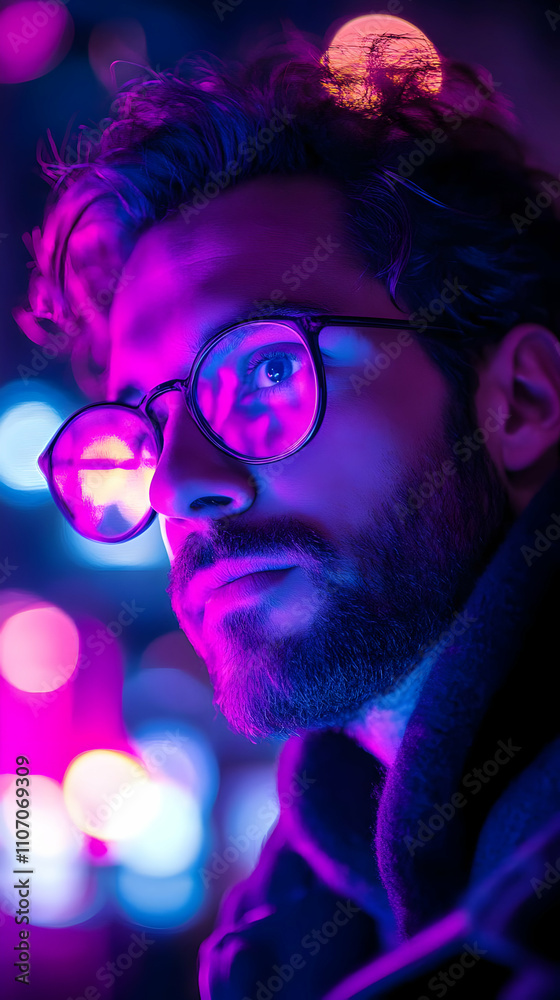 Aufkleber a close-up portrait of a man with glasses, illuminated by colorful lights.