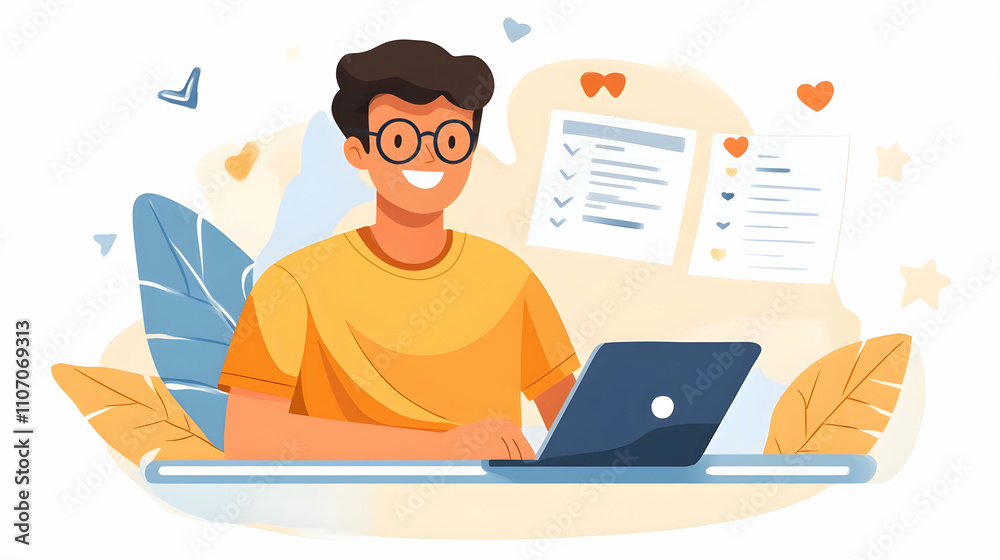 Poster a cheerful person working on a laptop surrounded by leaves and notes.