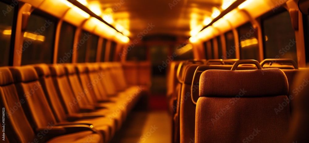Poster an empty train carriage illuminated with warm lighting.