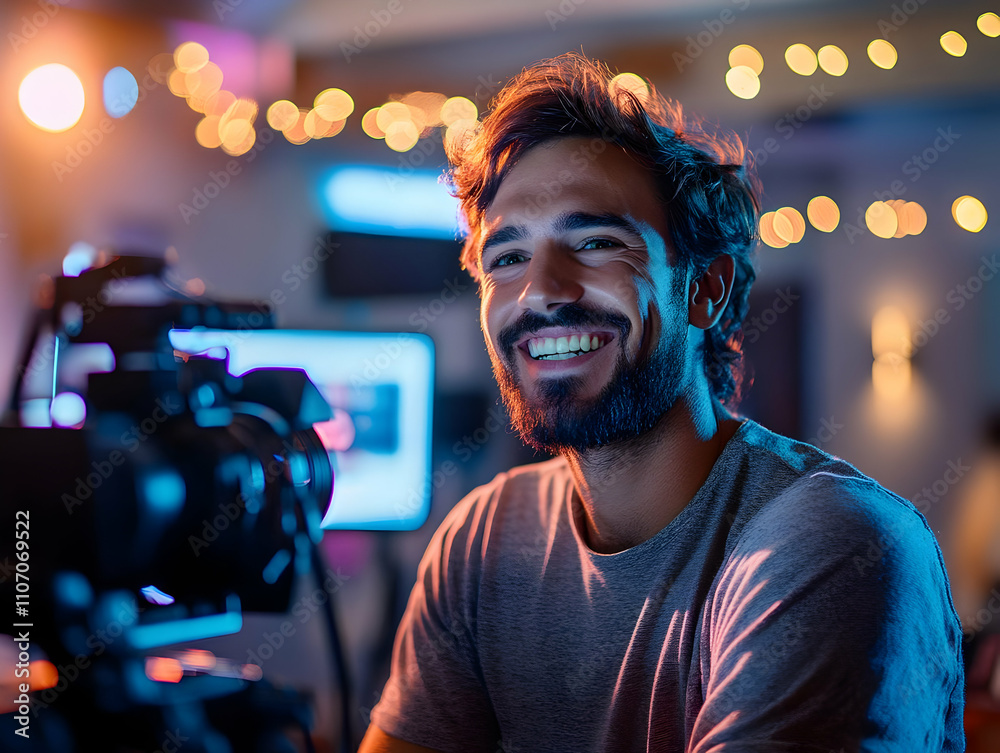Poster a smiling man poses for a photo in a creative workspace with warm lighting.