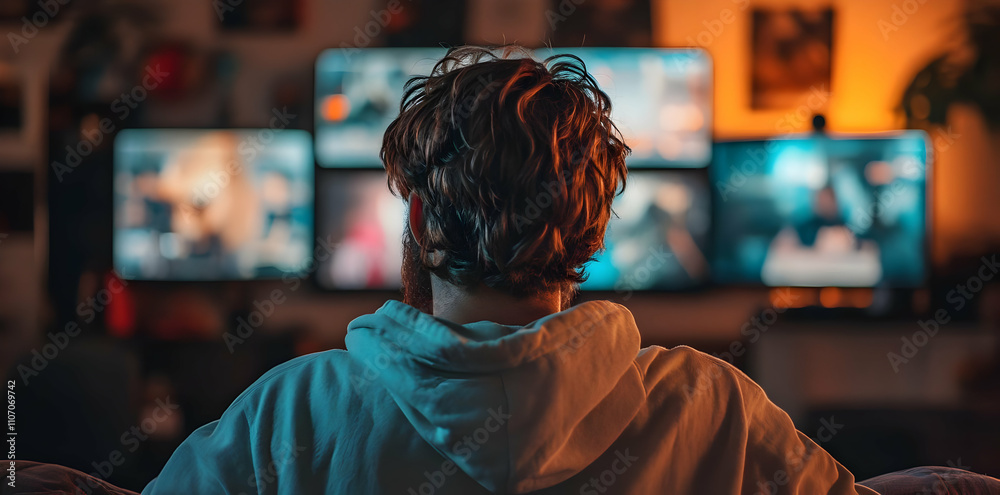 Poster a person sits in front of multiple screens, engaged in digital content or gaming.