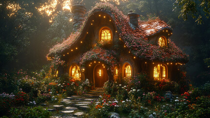 Obraz premium A cozy cottage with blooming flowers and glowing windows stands in a vibrant forest at twilight, radiating a warm and inviting atmosphere