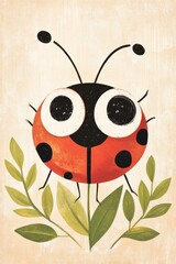 Naklejka premium Minimalistic cartoon ladybug on a beige background surrounded by green leaves, perfect for nature-themed posters, cards, and cozy home decor..