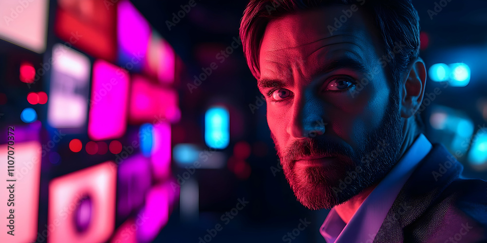 Poster A man with a serious expression in a vibrant, illuminated environment filled with screens.