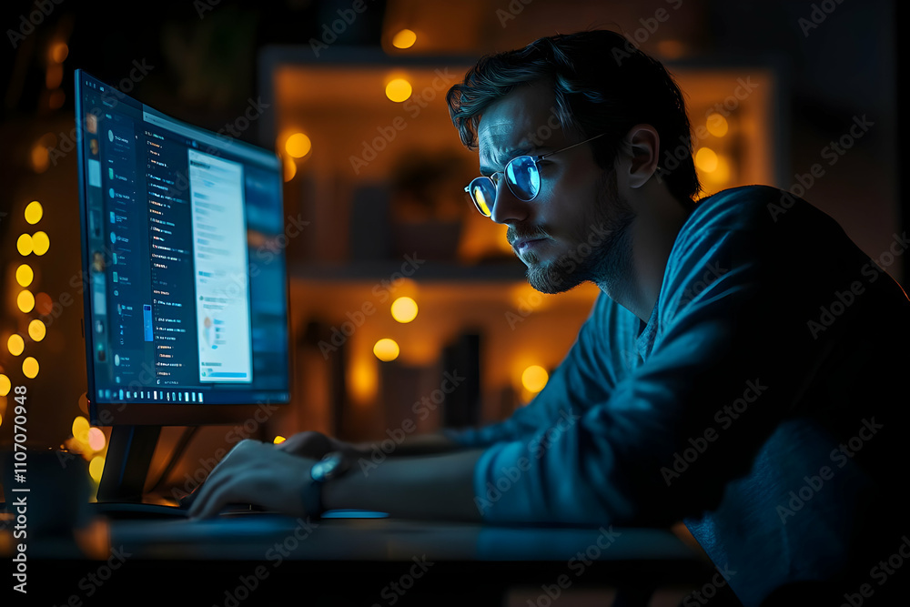 Poster a focused individual working late at night on a computer, surrounded by soft lighting.