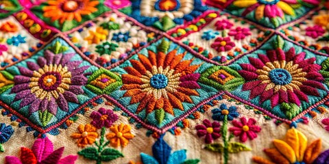 Fototapeta premium Vibrant floral textile with intricate hand embroidery showcasing a delightful array of colorful flower patterns