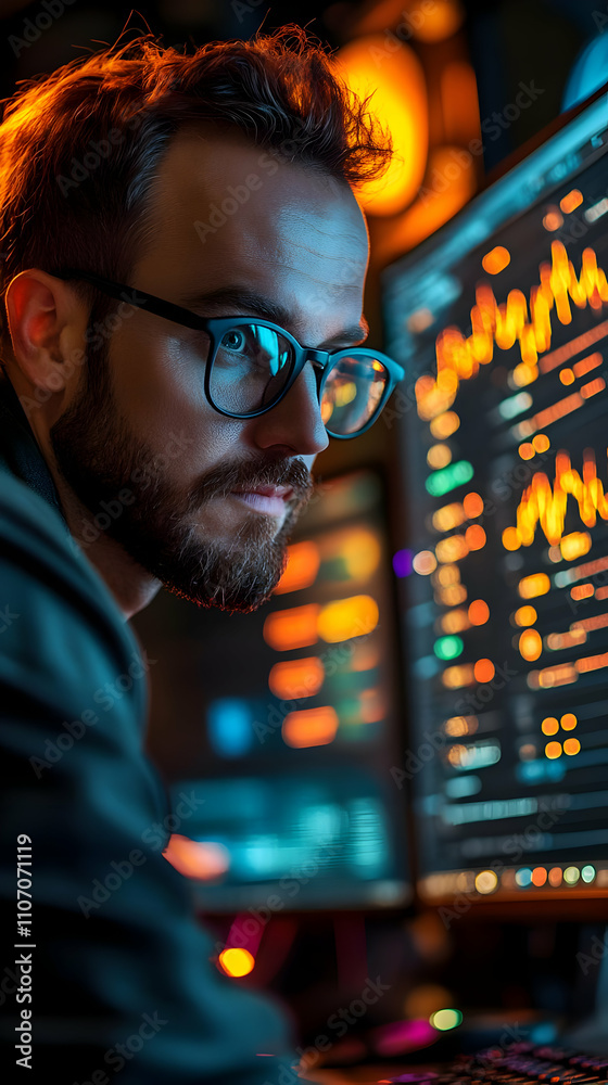 Poster A focused individual analyzing data on multiple computer screens in a tech environment.