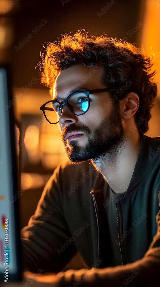 Poster A focused individual working on a computer, illuminated by warm ambient light.